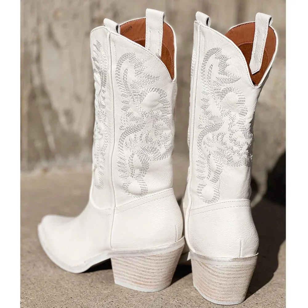 NEW White Cowboy Western Embroidered Stitch Pointy Toe Block Heel Mid Calf Boots - Picture 5 of 13